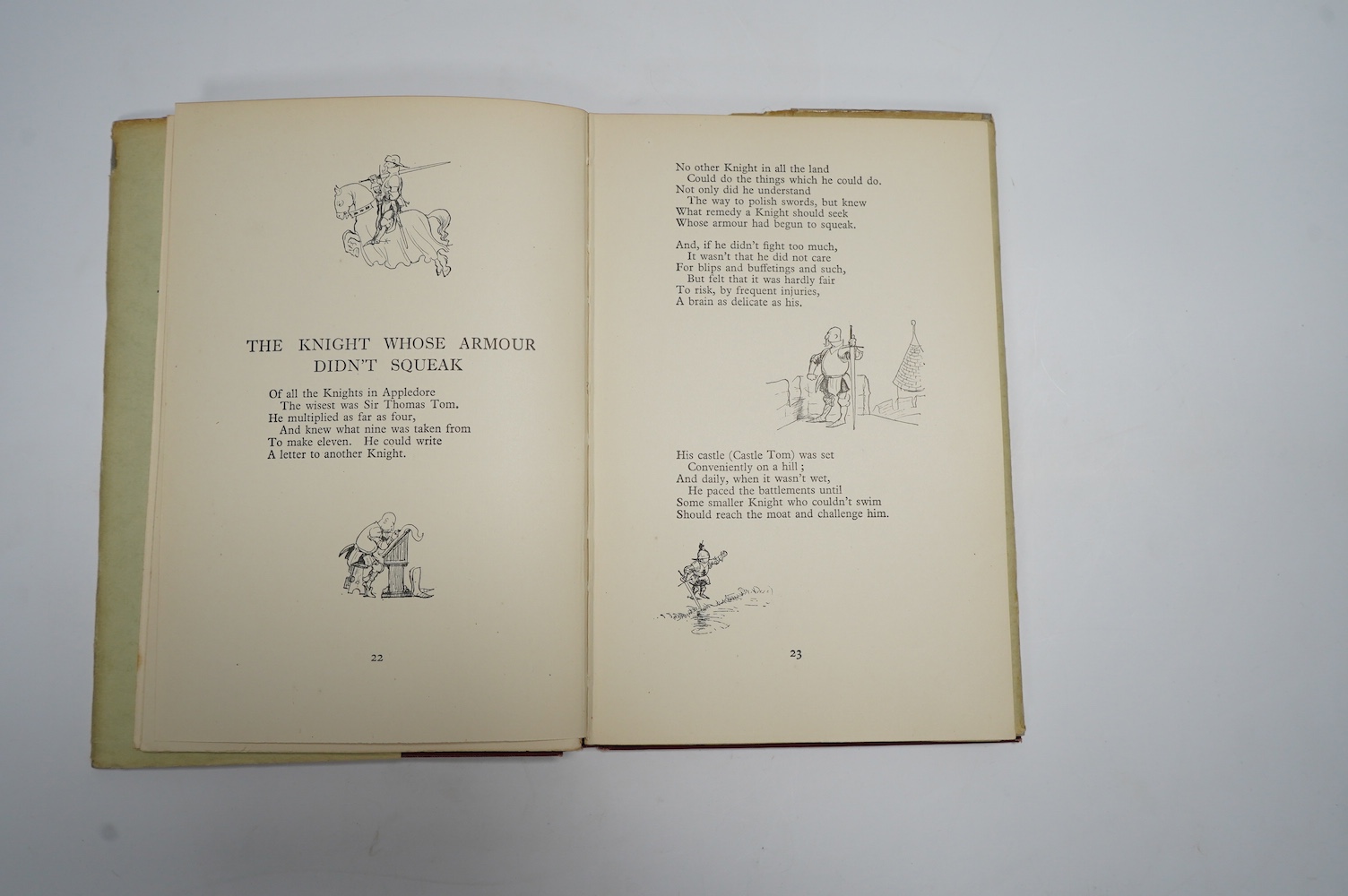 Milne, A.A. - Now We Are Six. With decorations by Ernest H. Shepard. First Edition. pictorial title and num. text illus and on e/ps.; original gilt ruled and pictorial red cloth, gilt top, in the pictorial d/wrapper, sm.